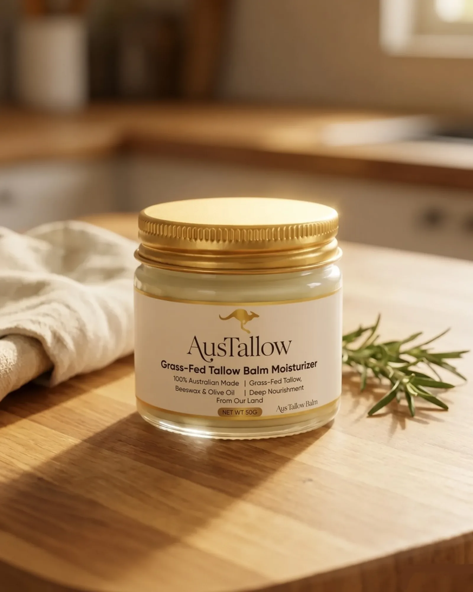 AusTallow grass-fed tallow balm jar on a timber kitchen bench beside fresh rosemary