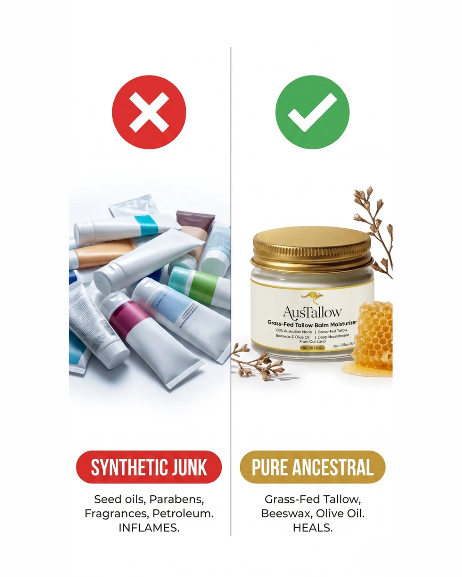 A pile of synthetic skincare tubes beside a jar of AusTallow with honeycomb and native botanicals