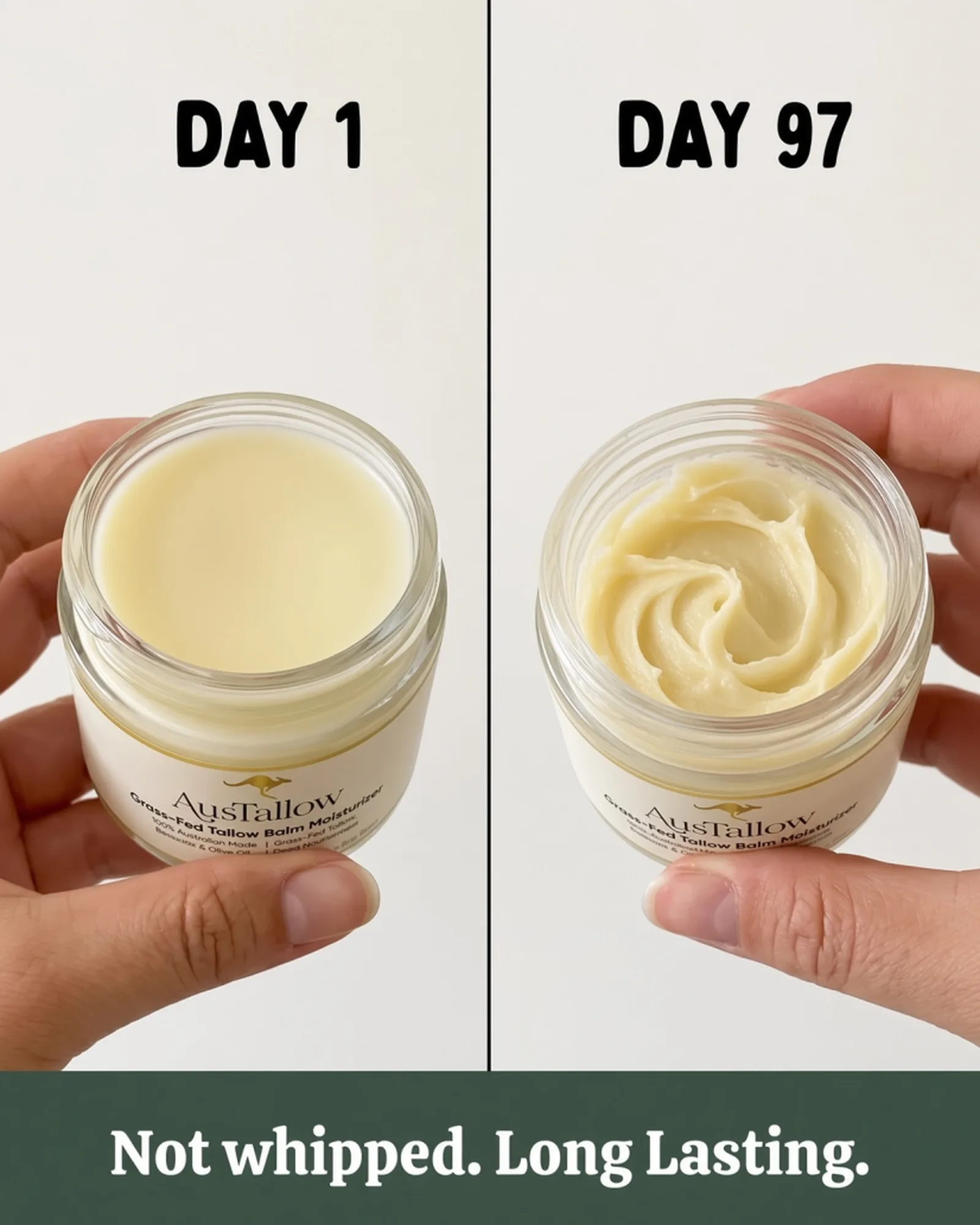 A swatch of AusTallow balm on a forearm beside the open jar on marble