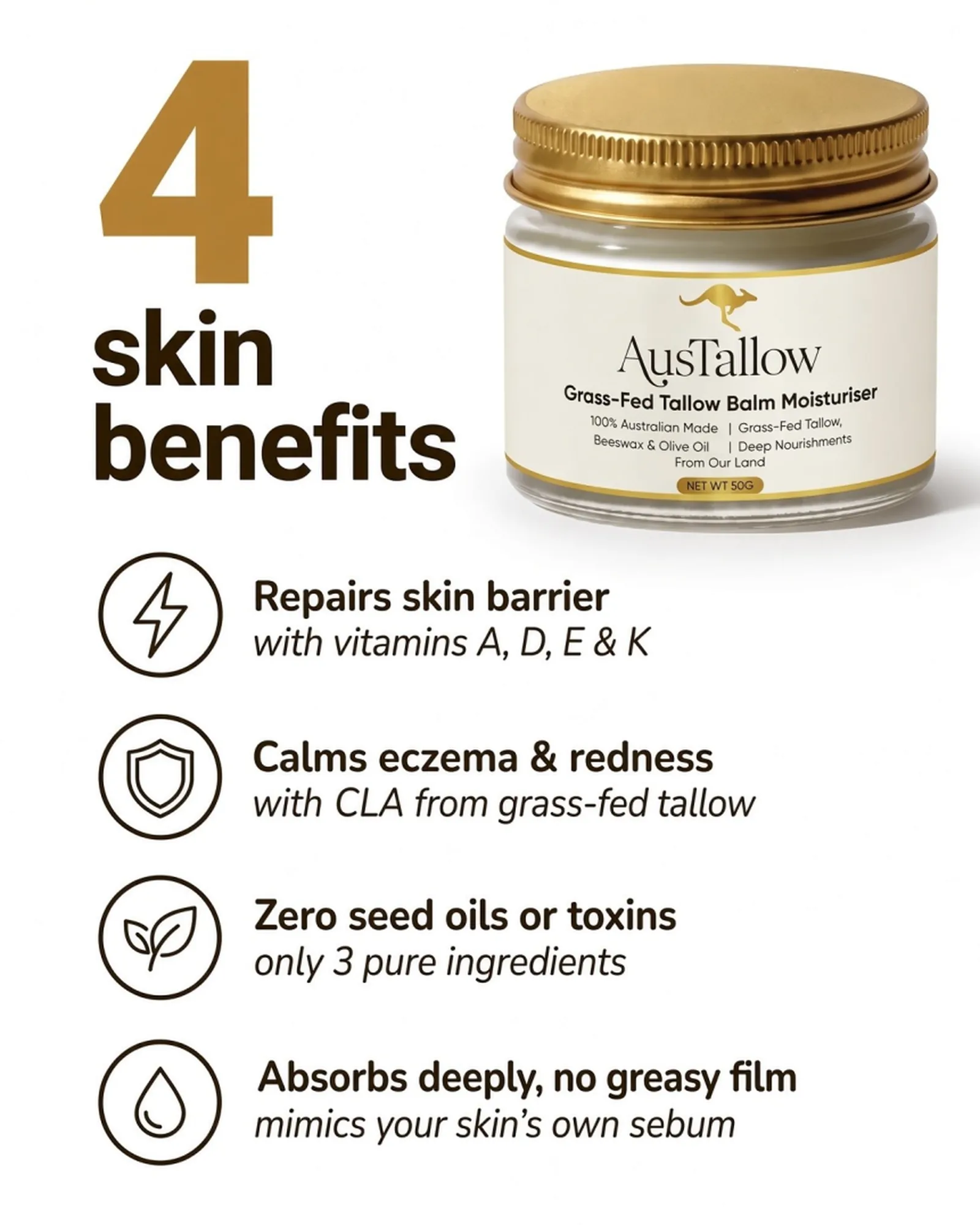 Four things AusTallow does: supports the skin barrier with vitamins A, D, E and K, calms redness with CLA from grass-fed tallow, zero seed oils, absorbs without a greasy film