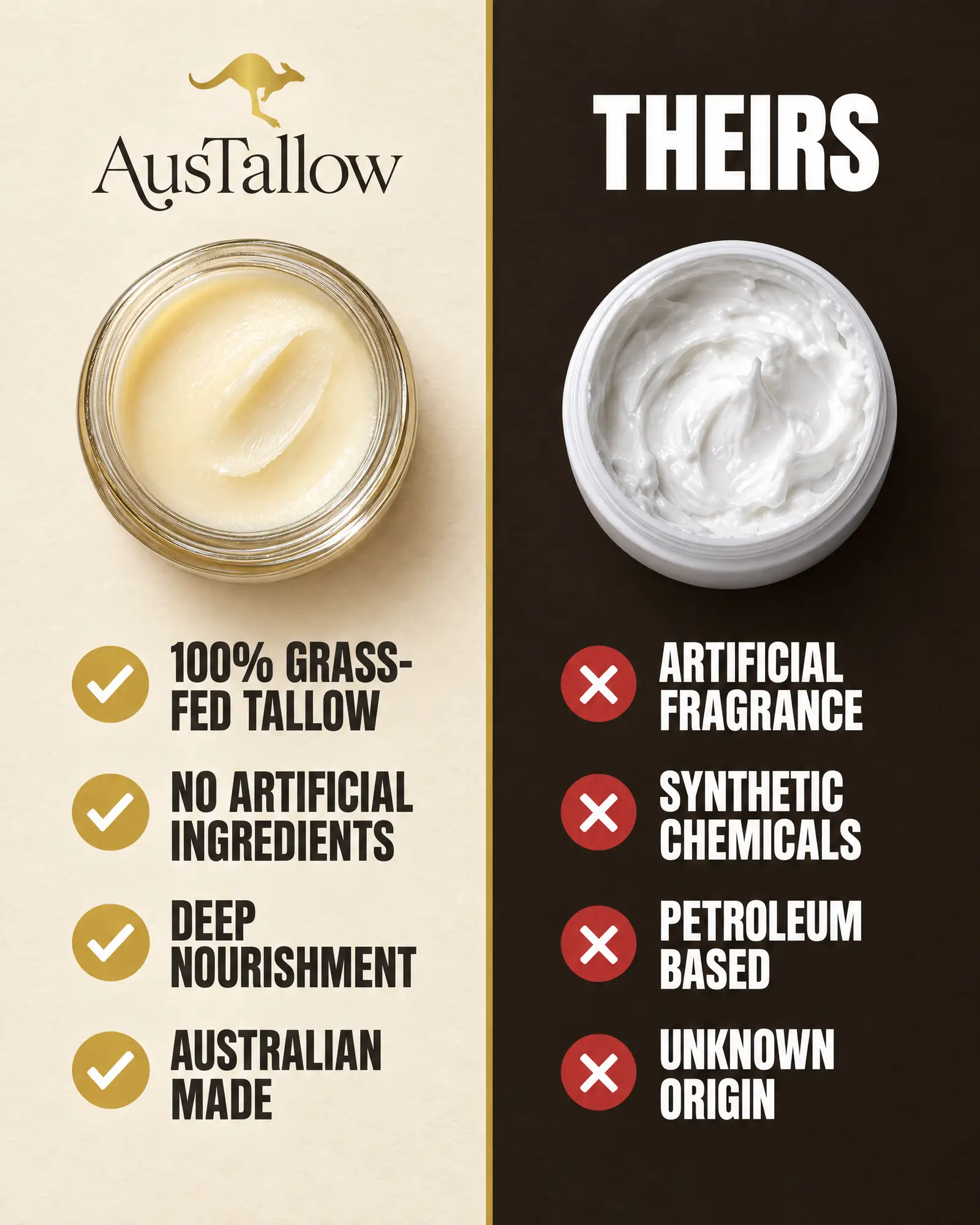 AusTallow's ingredient list compared with a typical commercial moisturiser, side by side