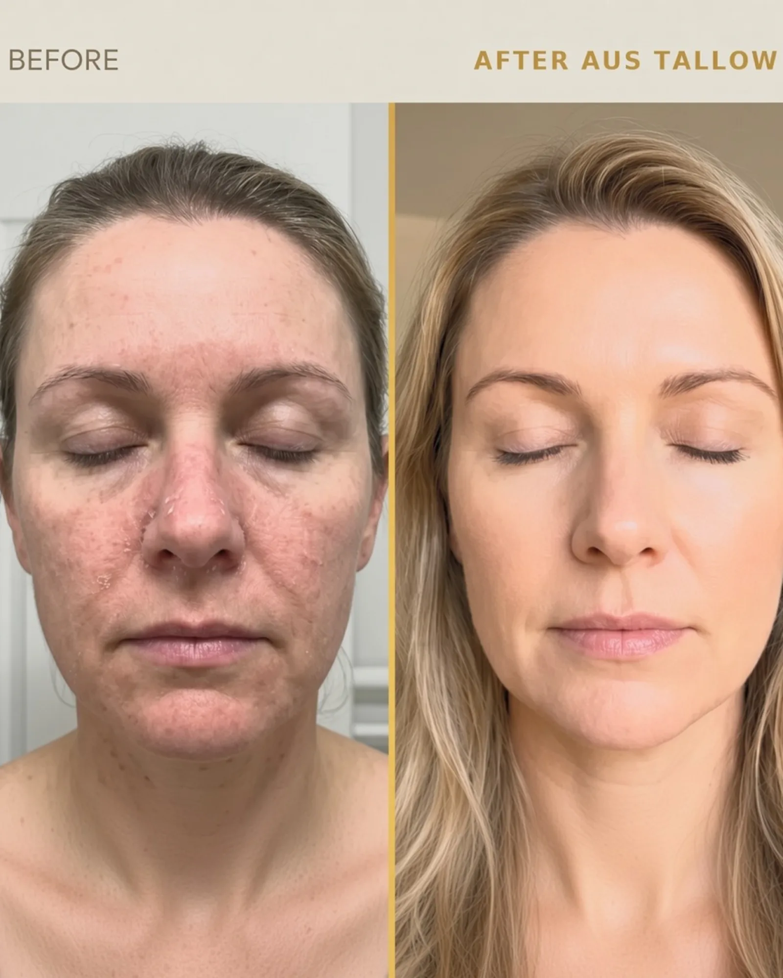 A customer's face before and after using AusTallow. Individual results vary