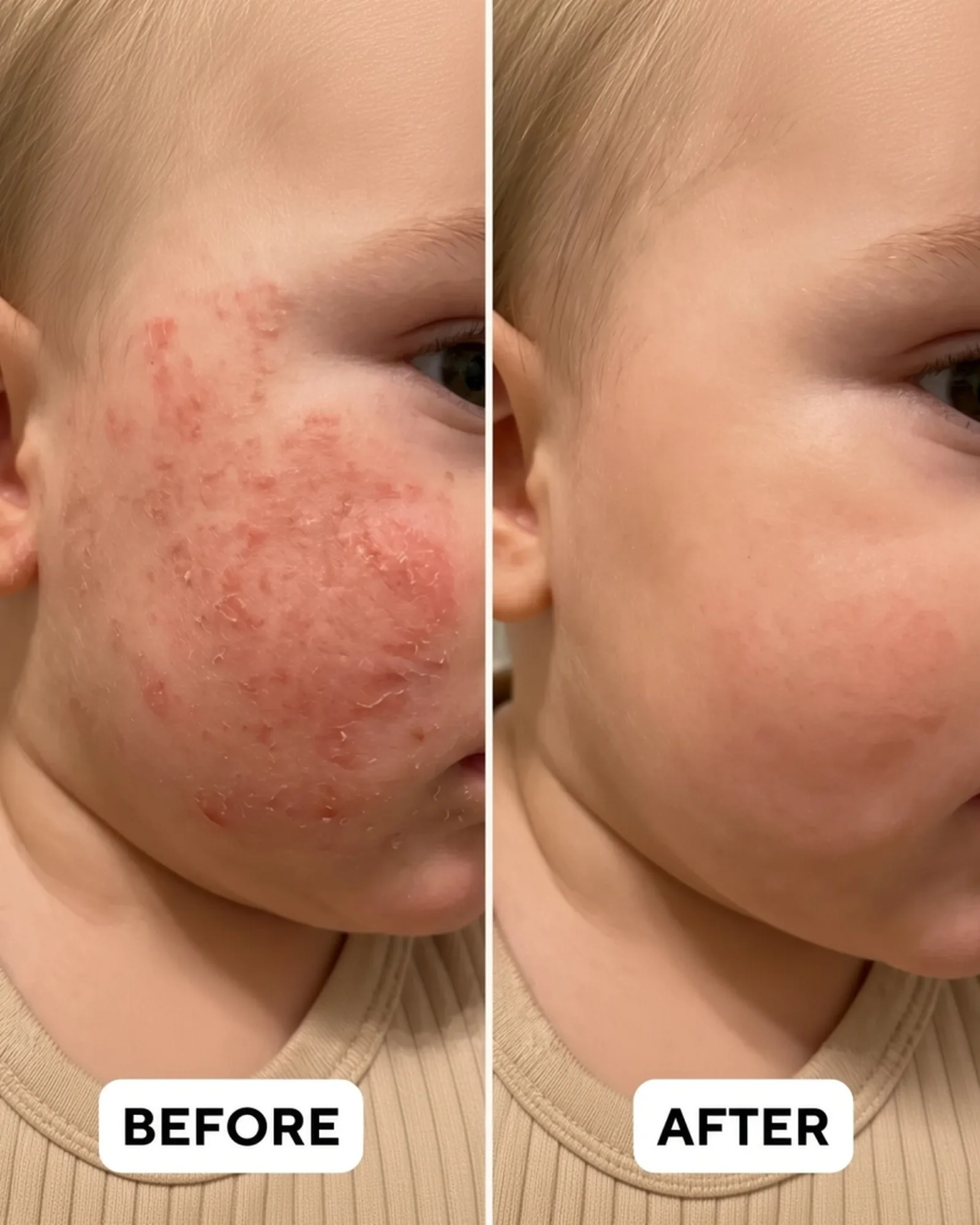 A baby's cheek before and after using AusTallow. Individual results vary