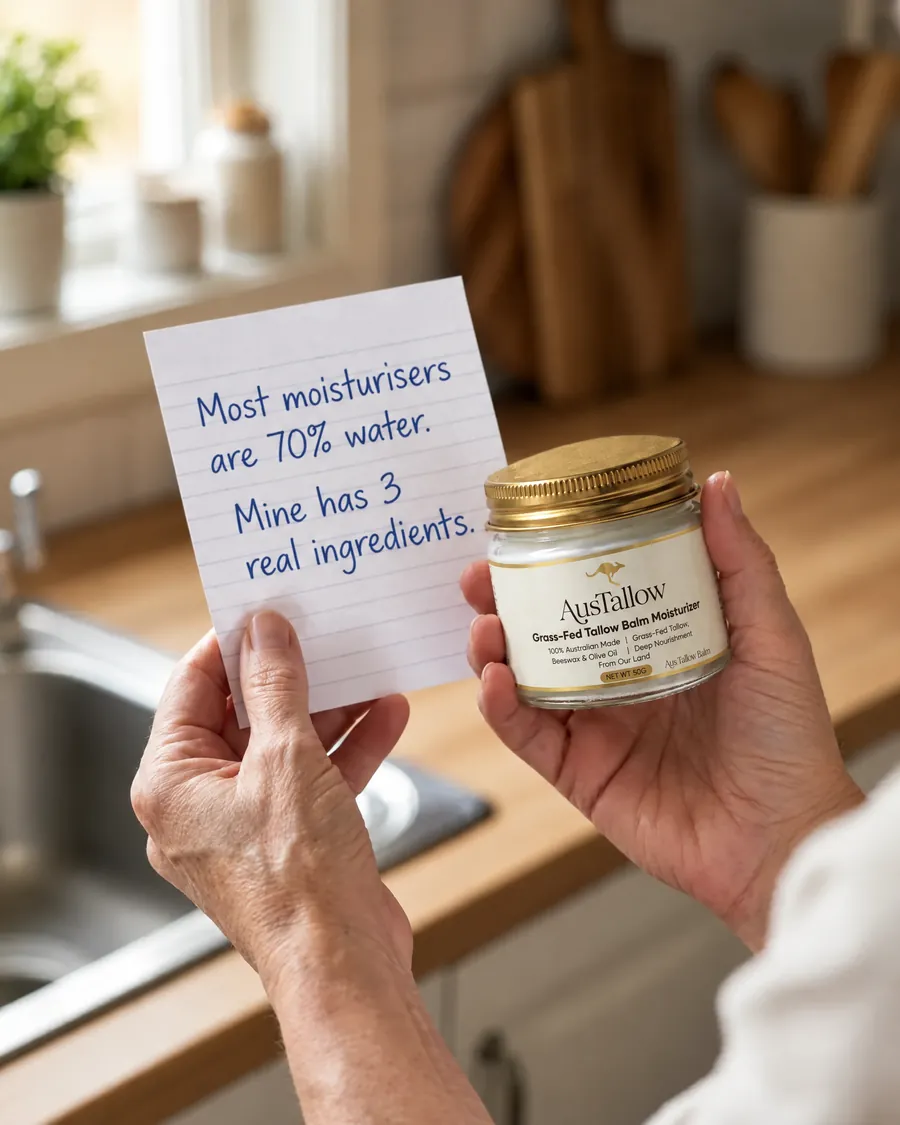 A hand holding a note reading most moisturisers are 70% water, beside a jar of AusTallow