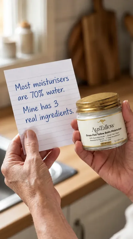 A handwritten note reading 'most moisturisers are 70% water and seed oils' beside a jar of AusTallow