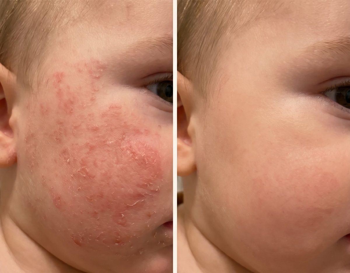 A cheek shown at Day 1 with dry, irritated skin and at Day 30 looking calmer, smoother and more comfortable