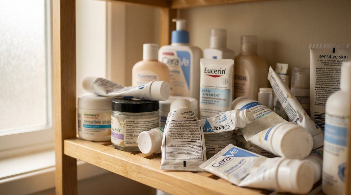 A bathroom shelf of mainstream lotions and creams turned label-side out, seed oils visible in the ingredient lists, in warm window light