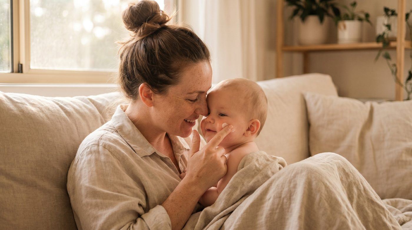 An Australian family kitchen scene in warm light, a mother applying balm to her hands beside a wooden board with simple whole foods, kids in the background
