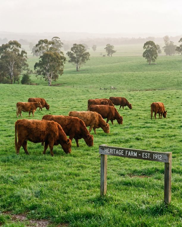 Grass-fed cattle grazing on lush green Australian pasture with gum trees in the misty distance and a weathered Heritage Farm Est. 1912 sign