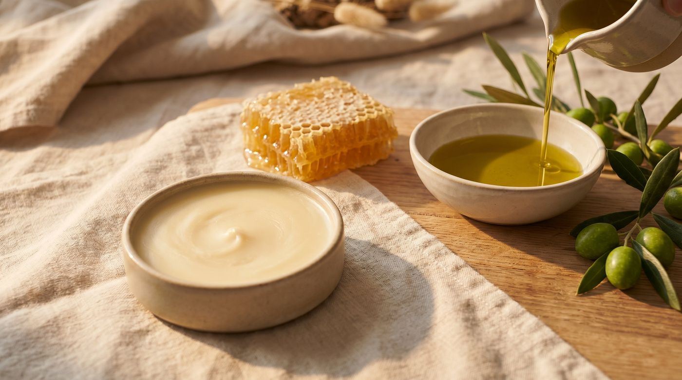 The three ingredients on linen and timber in golden light: a bowl of whipped tallow balm, a slab of raw honeycomb, and olive oil being poured into a bowl beside fresh olives on the branch